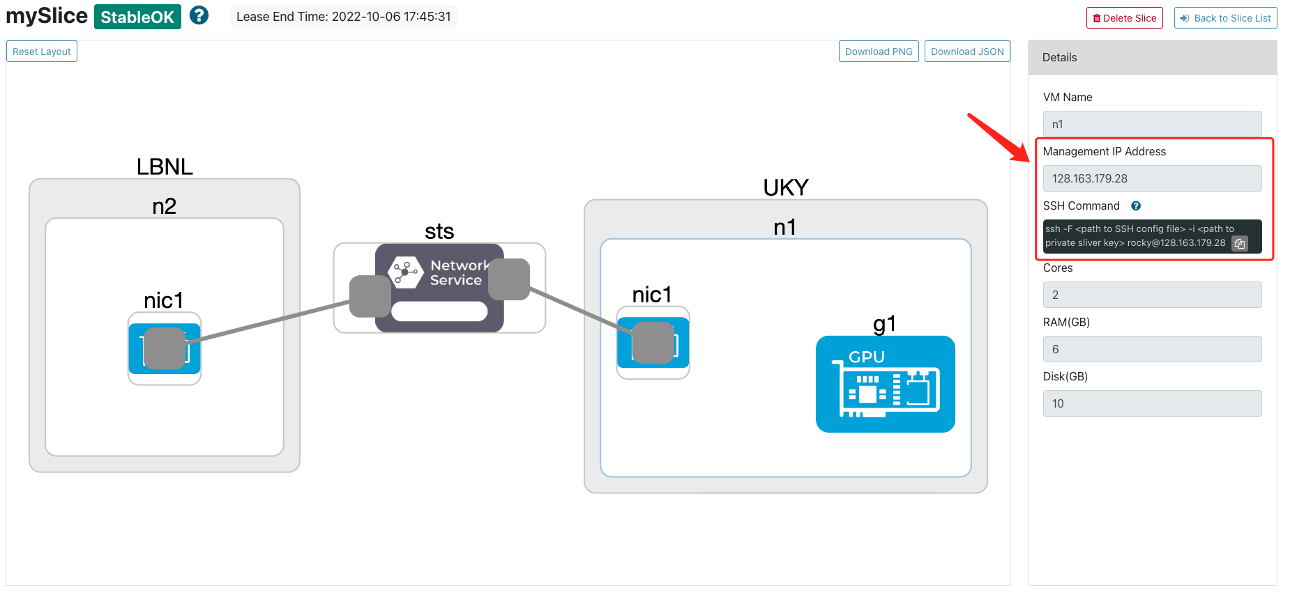 VM management IP Address/ SSH command